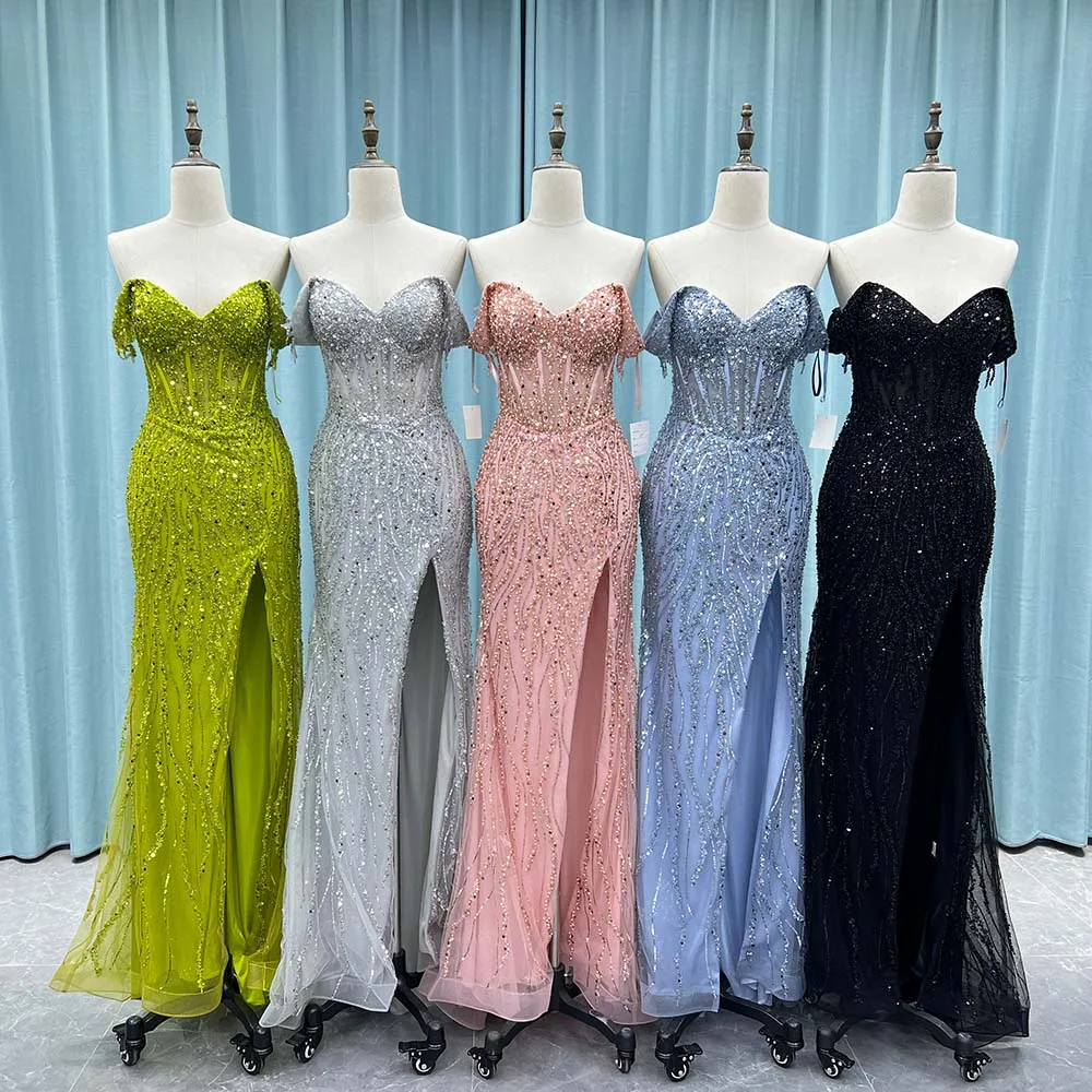 YQLNNE Schwarzes, schulterfreies, langes Ballkleid, Meerjungfrau, hoher Schlitz, Tüll, Pailletten,