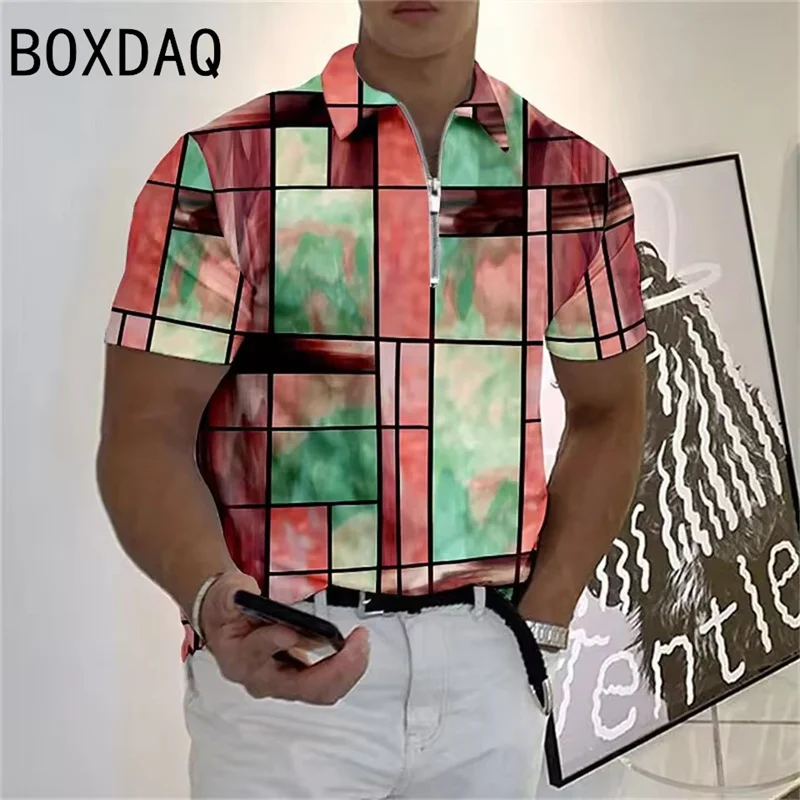 

Рубашка с абстрактными цветными блоками, 3D геометрические узоры, винтажная повседневная рубашка в стиле Харадзюку, мужская летняя рубашка с короткими рукавами, рубашка поло больших размеров