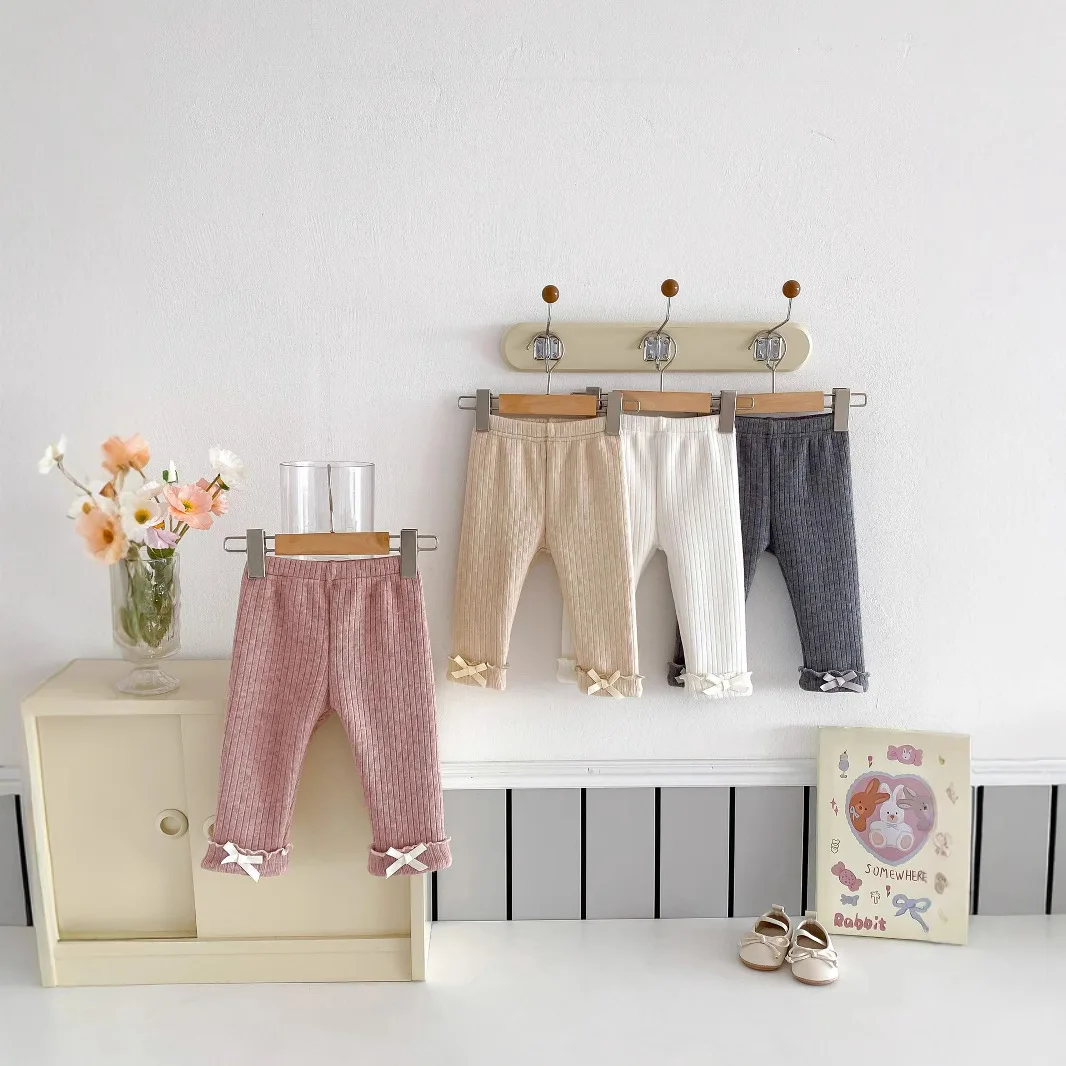Baby Girls Ribbed Leggings Toddler Warm Fleece Lined Pants Cute Bow Cuff Elastic Waist Casual Trousers Fall Winter Kids Bottoms