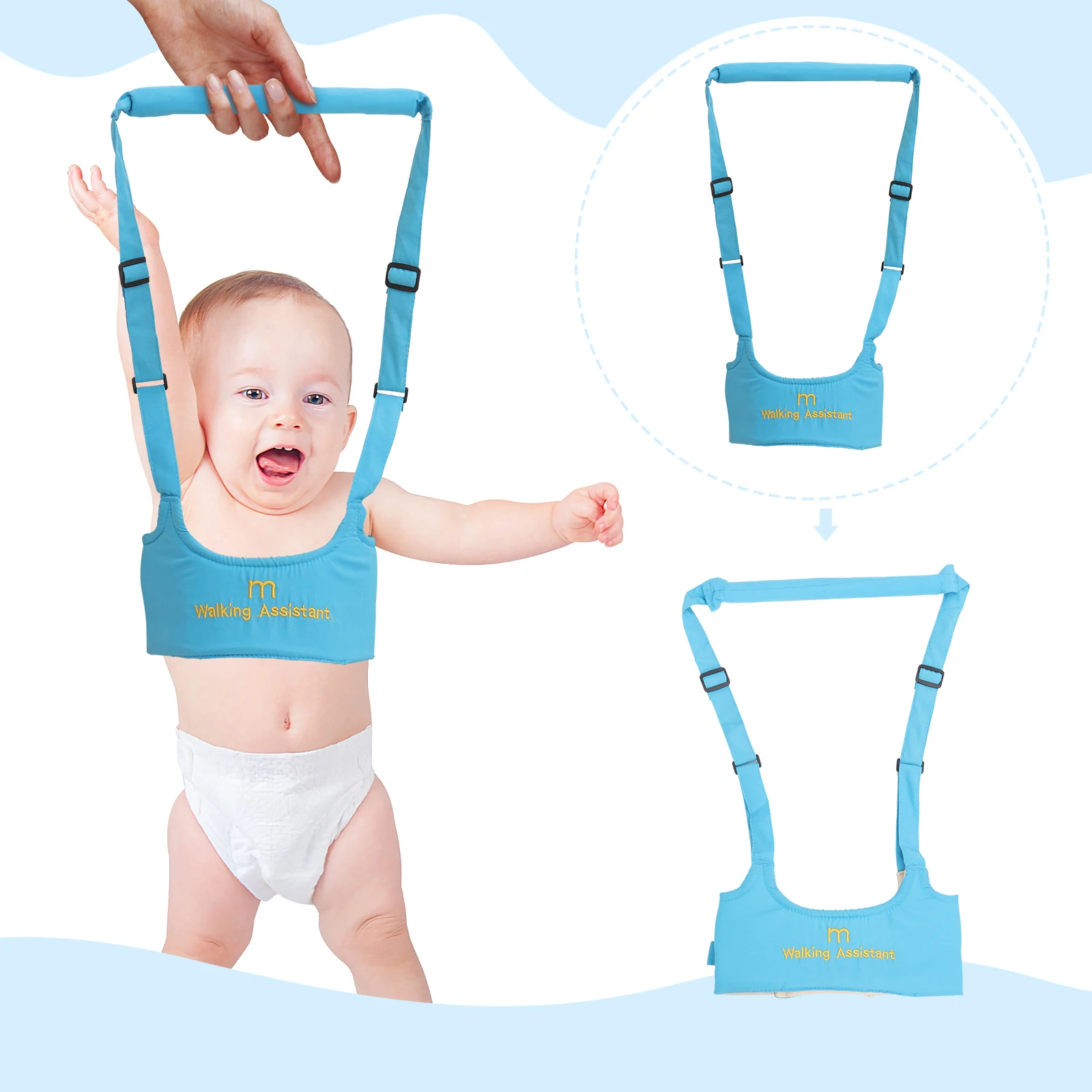 Handheld Baby Walker Helper Kid's Safe Walking Harness Blue Adjustable Soft Cotton Reduces Back Pain Handheld Blet