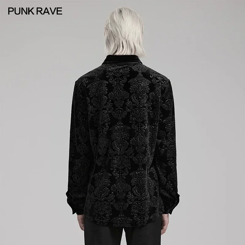 PUNK RAVE Men\'s Gothic Simple Version Embossed Velvet Shirt Party Loose Tops Black Shirts Autumn/Winter Men Clothing