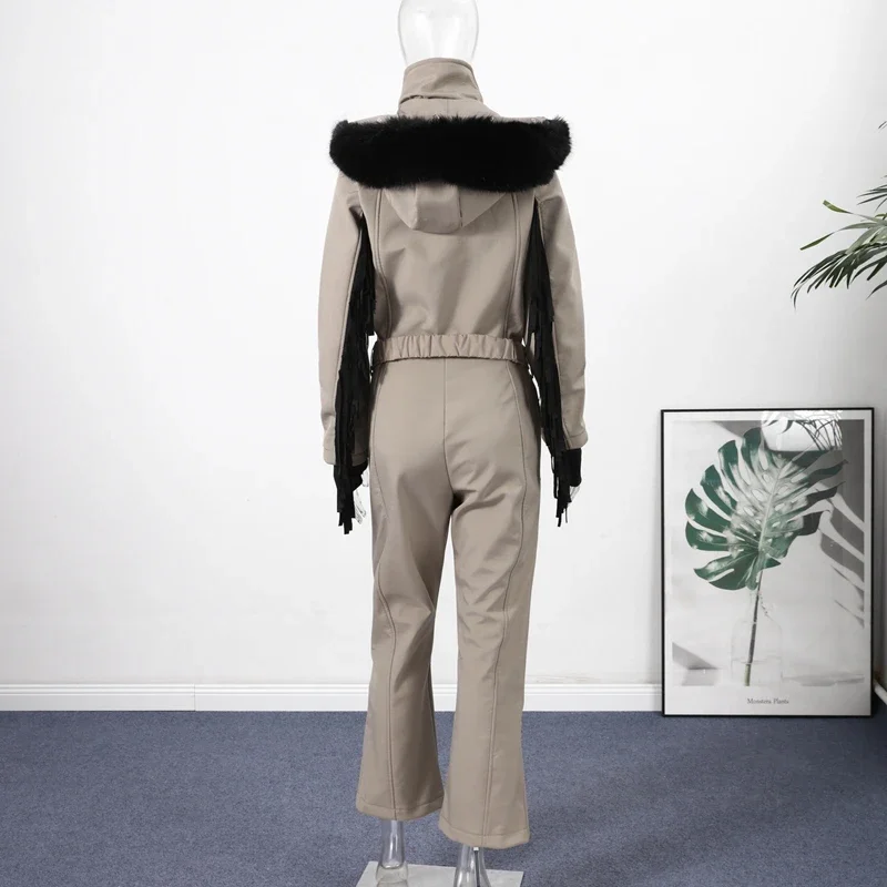 Verdickter einteiliger Skianzug für Damen, Kunstfell, mit Kapuze, Quasten, Mantel, hoher Taillengürtel, Overall, 2022, Winter, winddicht, wasserdicht, Skibekleidung – Detail 4