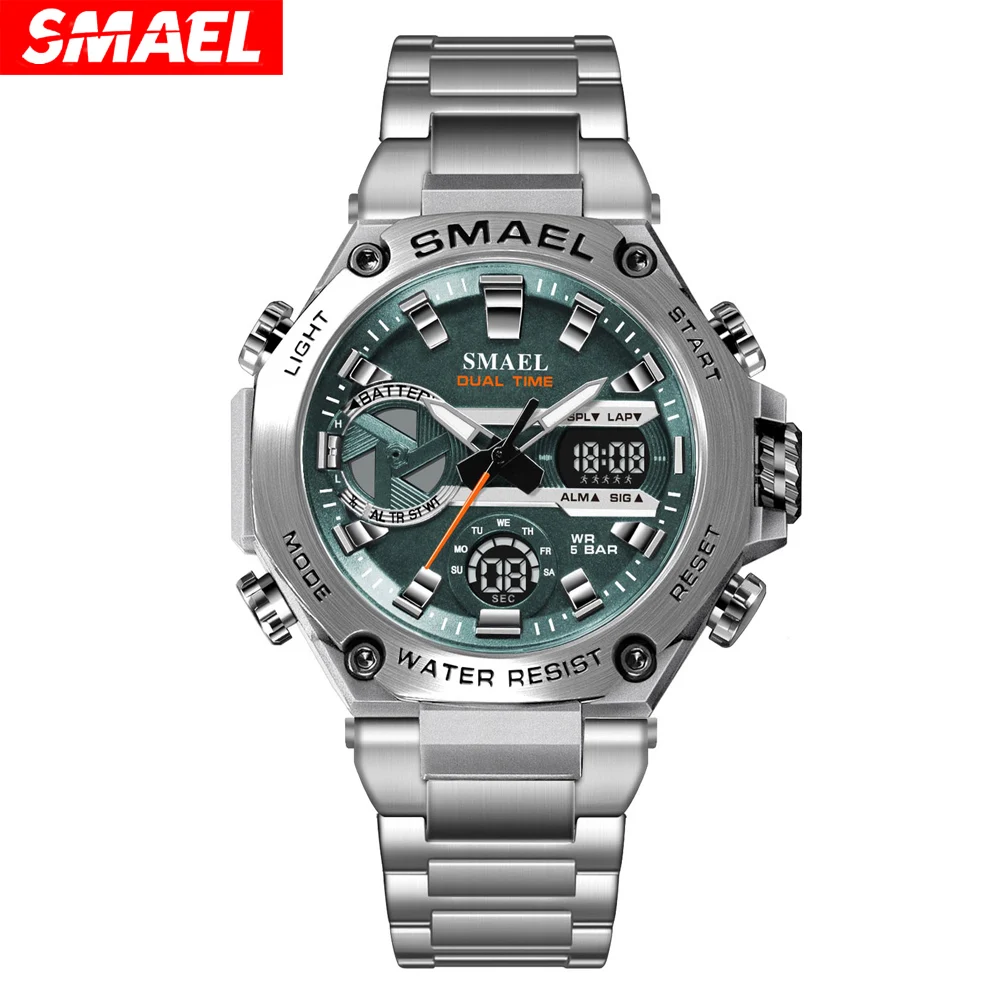 SMAEL Watch Men Top Brand Luxury Silver Stainless Steel Sport Male Clock Digital Analog Quartz Military Waterproof Wristwatches