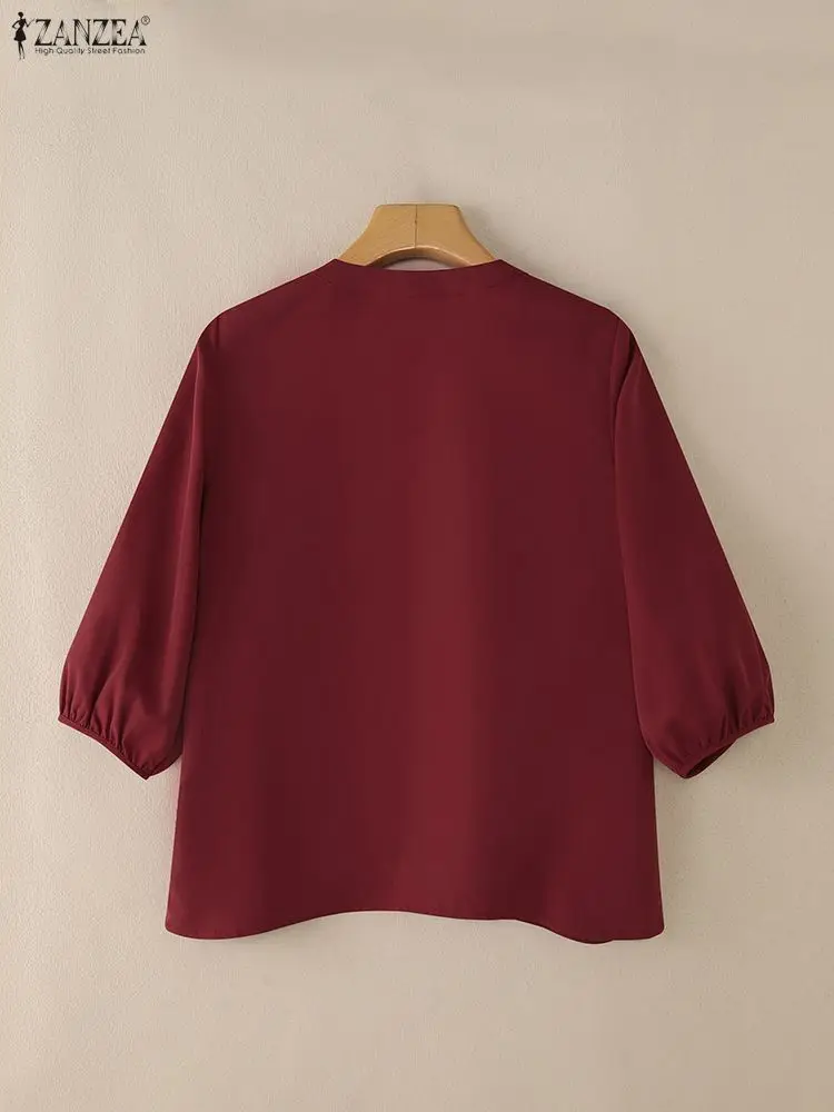 ZANZEA Casual Chic Gathered Detail Blouses Women Spring 2026 O-Neck Half-Button 3/4 Puff Sleeve Solid Color Tops Woman Clothes