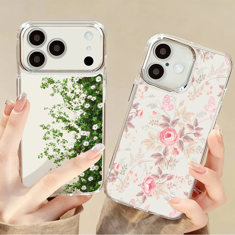 

INS Sunflower Print Case For iPhone 17 Pro Max Plating Lens Frame Clear Soft Cover For iPhone 16 15 14 13 Pro Max 11 17e 16e