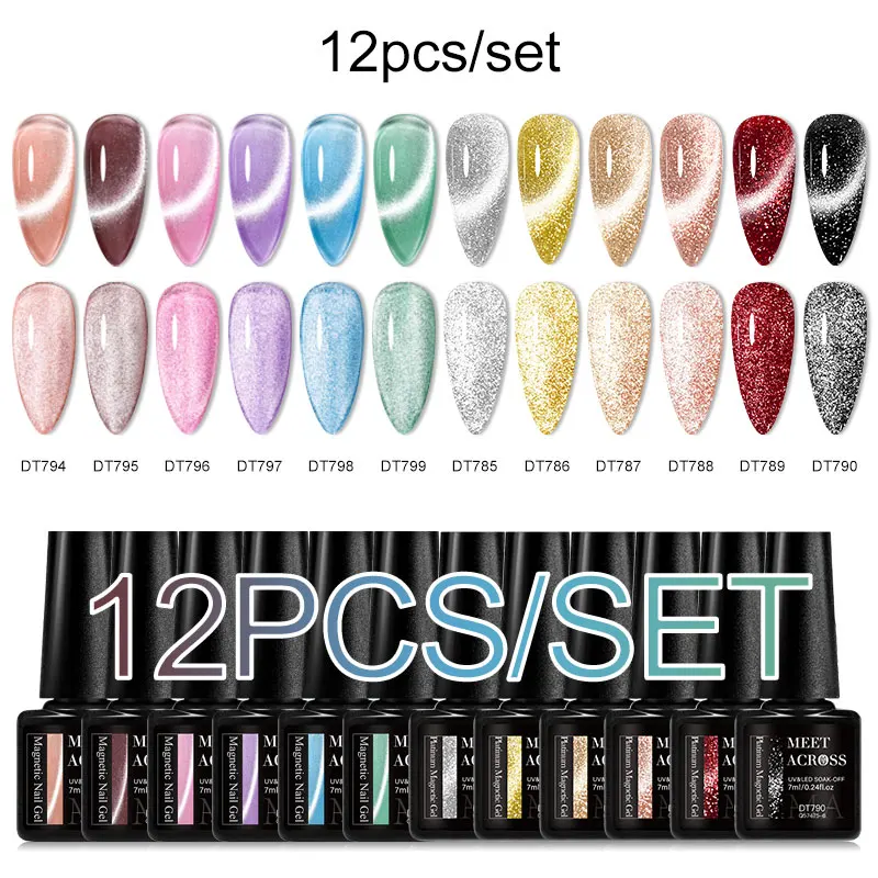 MEET ACROSS 12 TEILE/SATZ Aurora Katze Magnetische Gel Nagellack Moonligh Magnetische Semi Permanent Soak Off Nail art Gel Lack Kits