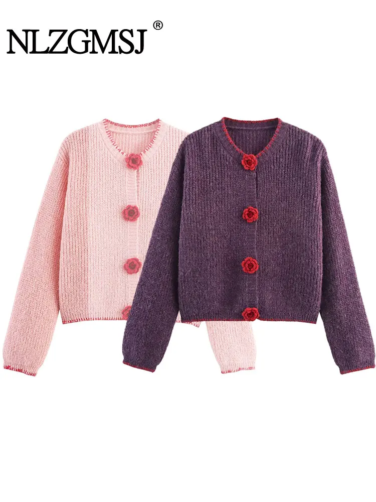 

NLZGMSJ Casual Chic Women Sweater Solid O-Neck Long Sleeve Flower Single Breasted Knitted Loose Tops New Fashion Autumn Sweater