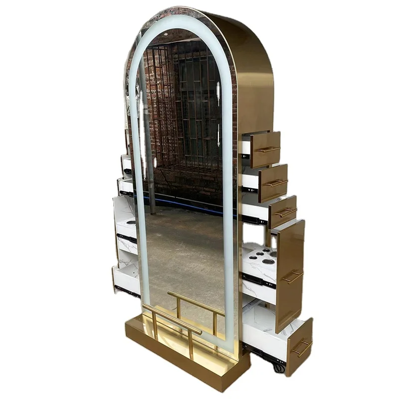 

Gold Metal Beauty Salon Furniture led Mirror Stainless Steel Modern Round Shape Double Sided Hair Salon Styling Mirror Station