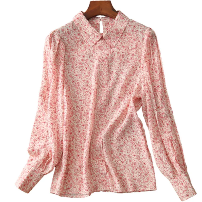 무거운 실크 셔츠 여름 새로운 여성 의류 봄과 가을 옷 탑 꽃 랜턴 슬리브