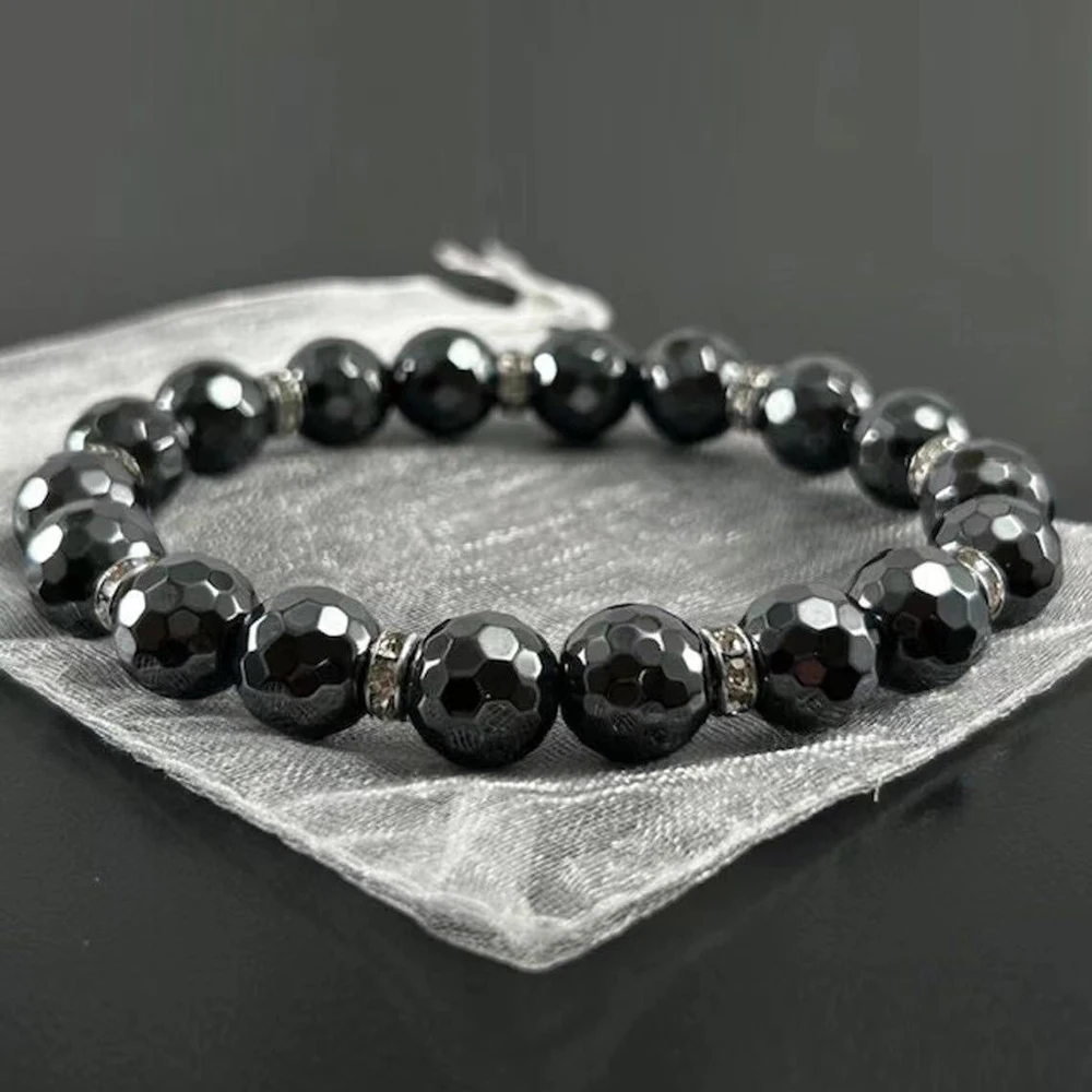 MG2288 New Design 10 MM Faceted Bling Hematite Beaded Bracelet Mens Powerful Healing Gemstone Bracelet