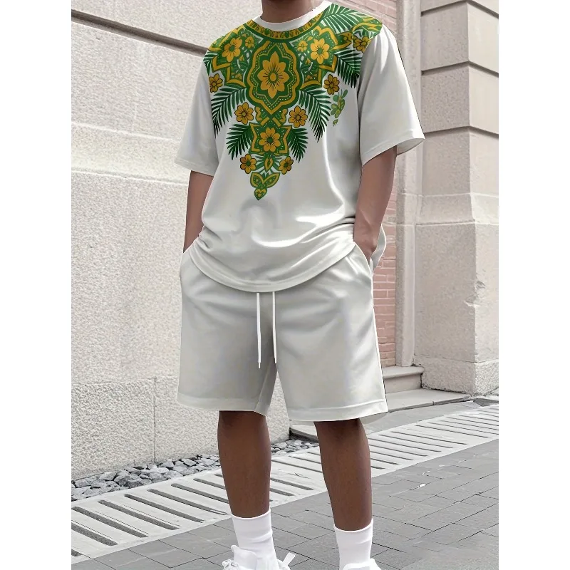 2025 Casual Round Neck Short Sleeved Shorts Set Summer New Trend Retro Men's Fashion T-shirt 3D Digital Printing Creative