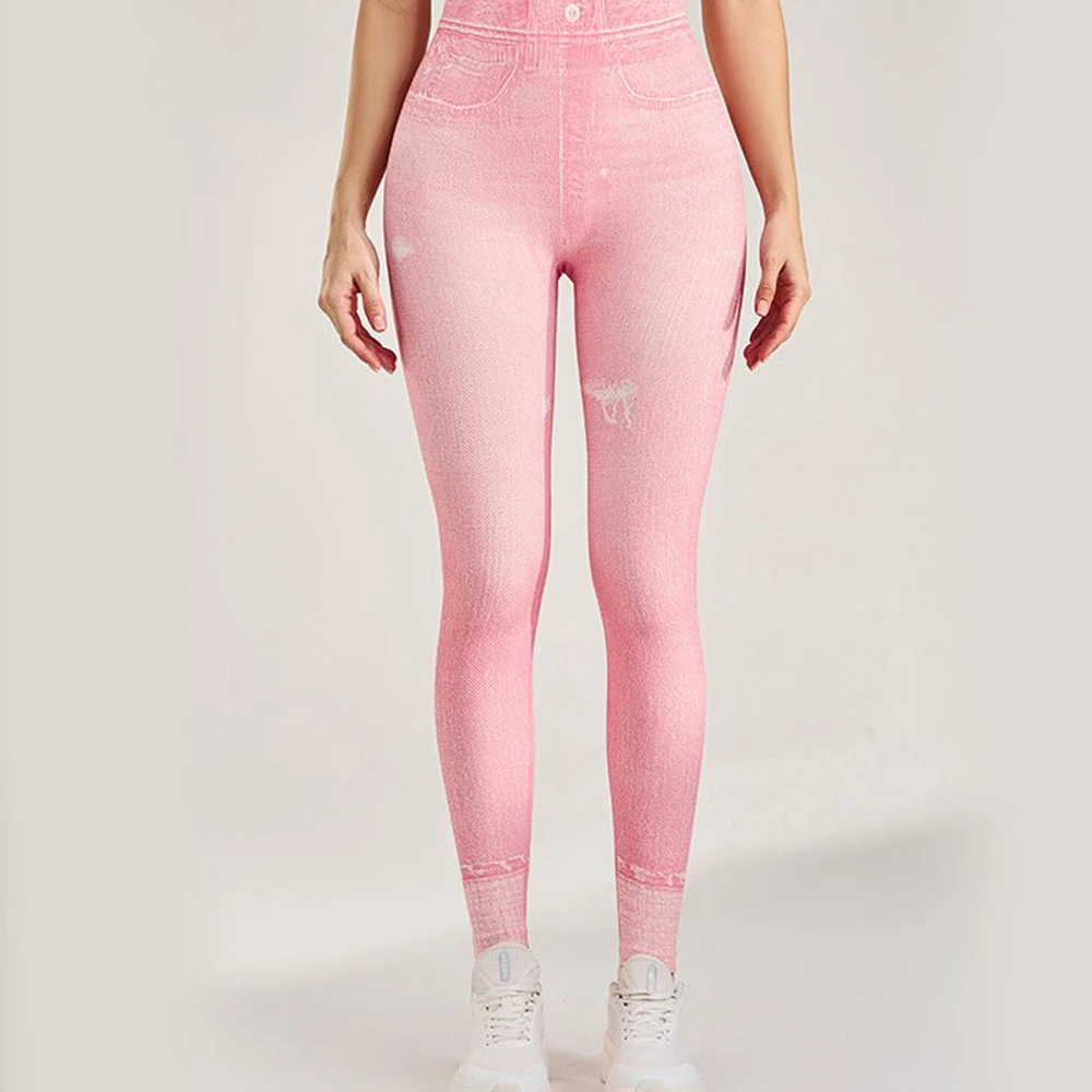 Women Gym Leggings Fitness Athletic Workout Running Exercise Leggins Elastic Faux Jeans Yoga Pants Sports Training Slim Tights
