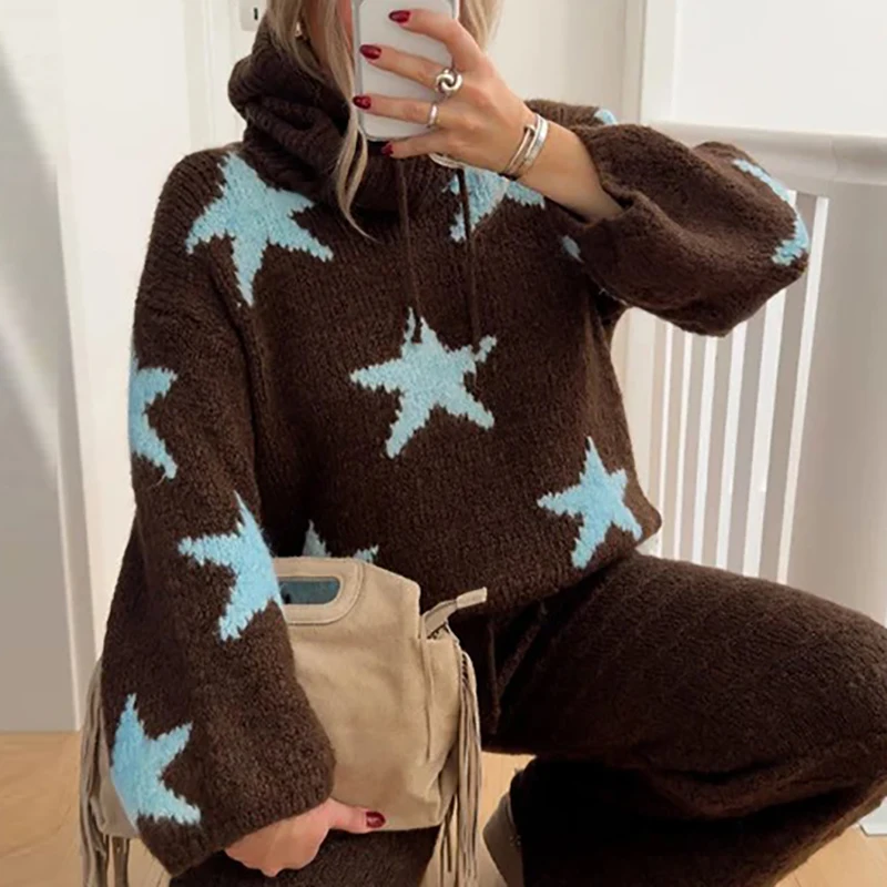 Women Pattern Star Print Jacquard Knit Sweater Turtleneck Drawstring Long Sleeve Cropped Pullover Vintage Soft Fuzzy Knitted Top