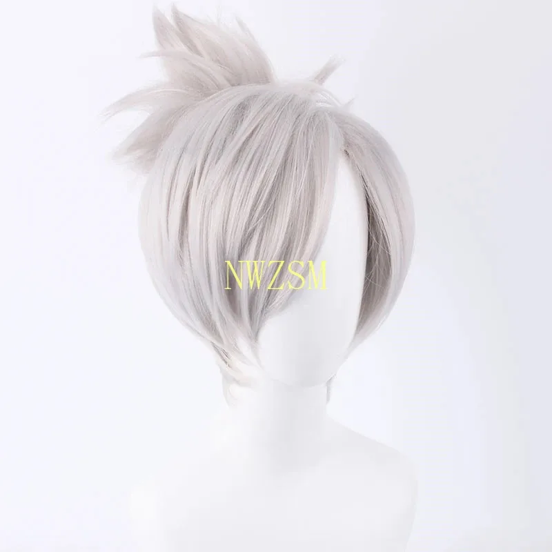 Peluca de Cosplay LOL Riven The blade of exile, pelo sintético corto blanco plateado, peluca de disfraz de League of Legends con cola de caballo con Chip