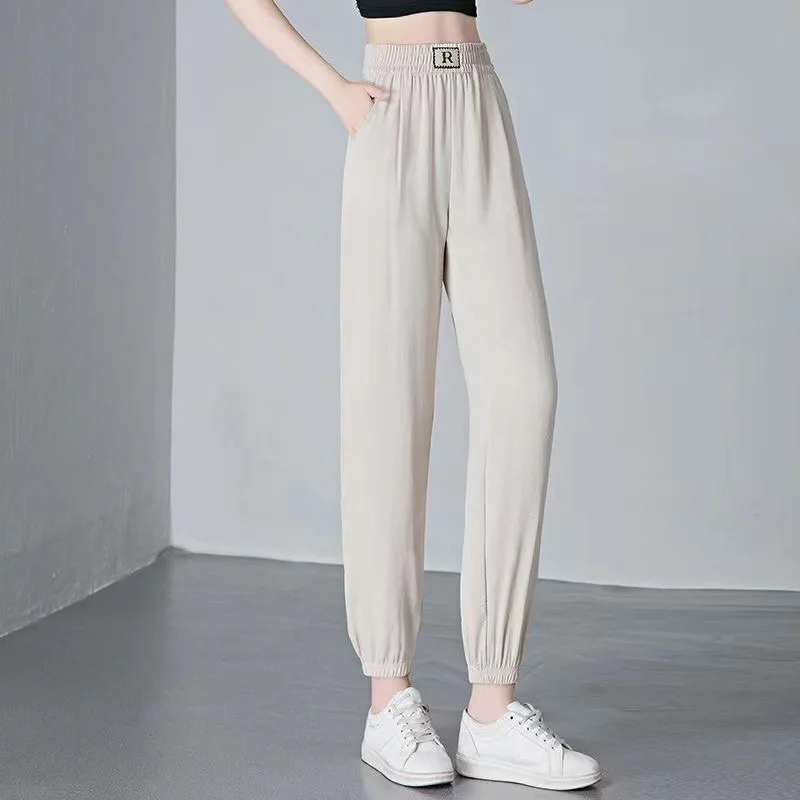 

Summer Women's 2024 New Spliced Elasticized High-waisted Pocket Fashion Solid Color Loose Folds Minimalist Casual Harlan Pants