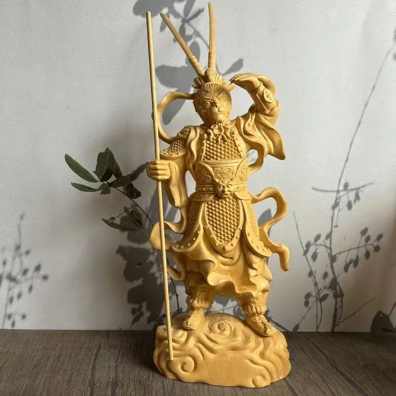 Wooden Monkey King Statue Sun Wukong Figurine, Chinese Mythology Carved Wood Decor Feng Shui Lucky Ornament for Home Office Desk