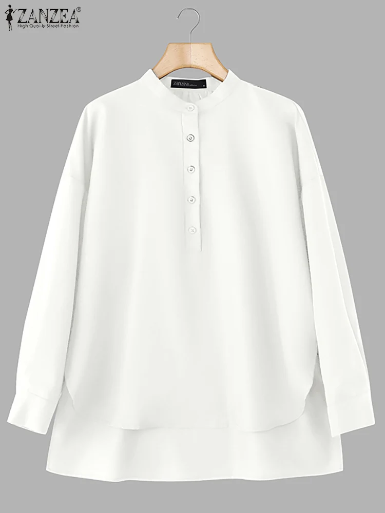ZANZEA Camicie oversize da donna 2025 Moda autunno Colletto alla coreana Mezzo bottone Manica lunga Camicie Streetwear Top lunghi alti-bassi