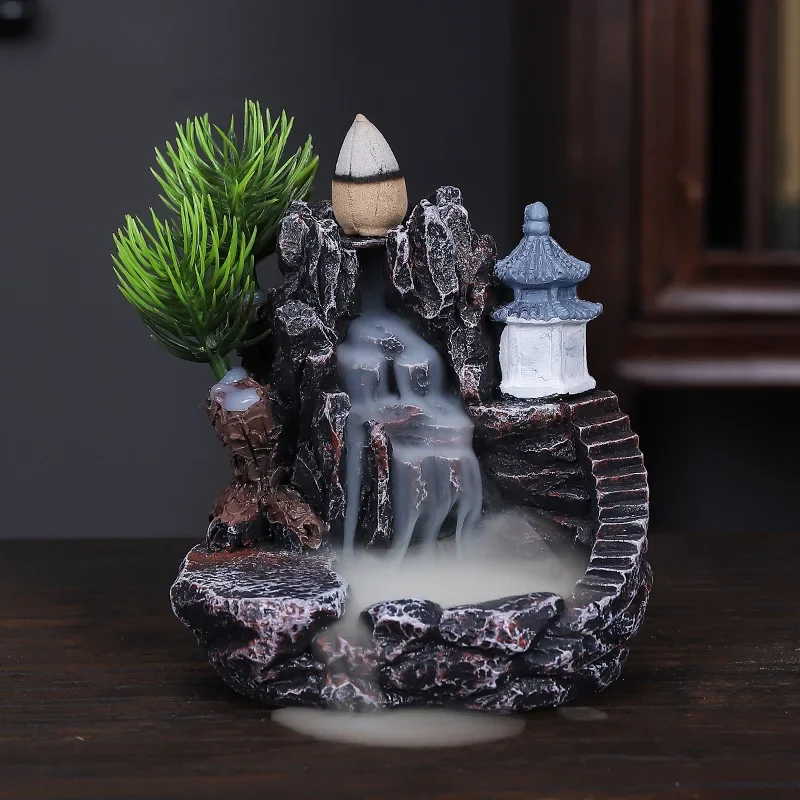 Resin Incense Burner Mountains River Waterfall Decoration for Home Fragrance Fireplace Backflow Aroma Smoke Fountain Zen Censer