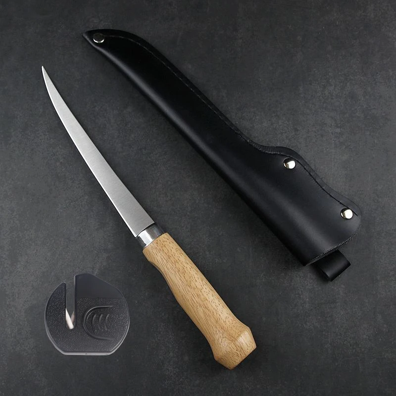 Sharp Stainless Steel Fishing Knife Sushi Knife Kitchen Fish Meat Bone Fruit Vegetables Cutting Tool with Knife Cover Sharpener