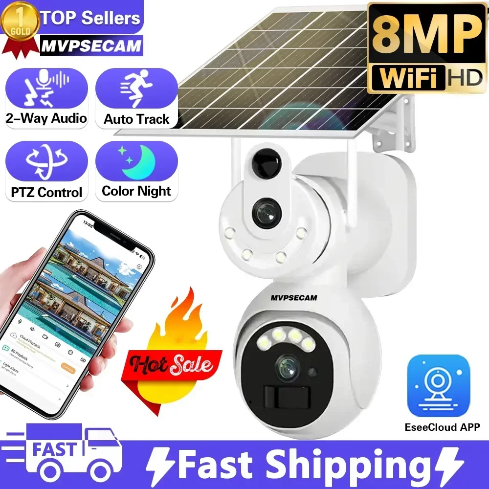 Caméra de sécurité solaire à écran UHD pour touristes, détection PIR, suivi automatique humain, extérieur, WiFi, 4K, document complet, objectif, 8MP