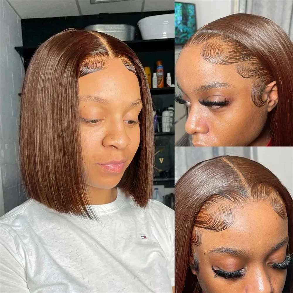 13x4 Lace Frontal Wig Short Bob Human Hair Chocolate Brown Straight 200% Density HD Transparent 4x4 Lace Closure Bob Wigs