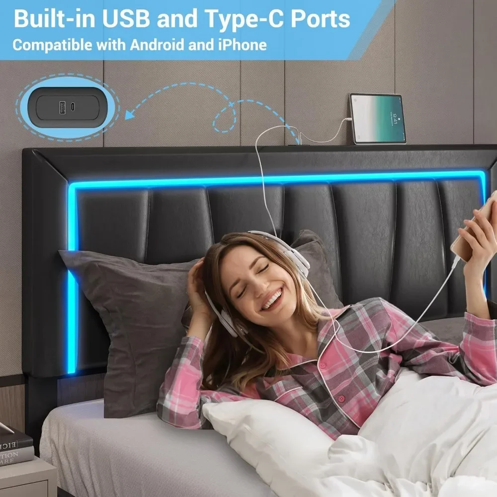 California bingkai tempat tidur King dengan 4 laci penyimpanan dan lampu Led berlapis kain penyimpanan Platform bingkai tempat tidur California port USB