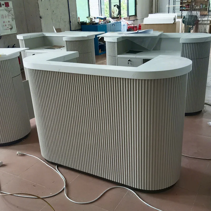 

Customize.Luxury Beauty Salon Stone Front Desks Wood Modern Spa Standing White Reception Desk Counter Nail Shop