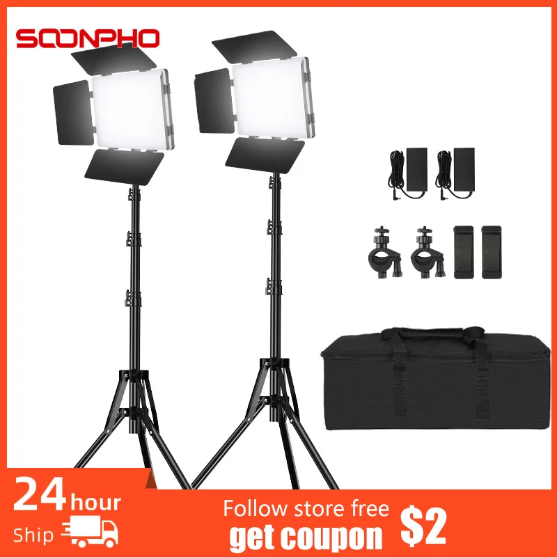 SOONPHO 2 Pieces Panel Led Lights with Tripod 3300-5600k 20w Professiona  Led Shooting Lighting Video Lamp for Live Streaming