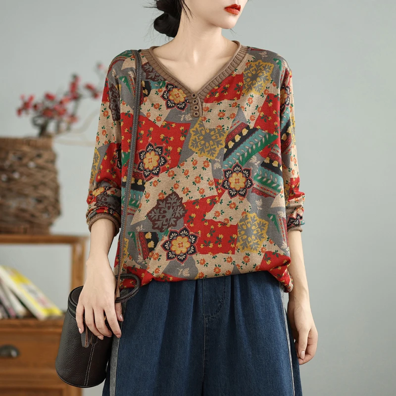 Herbst Neue Lange Sve T-shirt frauen Künstlerische Vielseitige Retro Patchwork Rippen Druck Große Größe Lose V-ne Basis irt Thi...