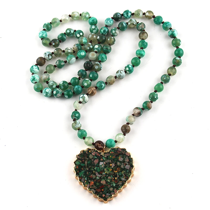 New Fashion Bohemian Jewelry Natural Stone Green Dot Knotted  Stone Drop Pendant Women Necklace