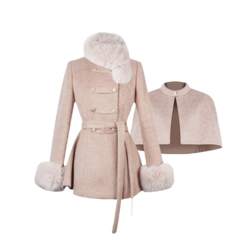 Manteau portefeuille matelassé à taille fine, pardessus en laine + châle détachable en peluche Patchwork, Style Noble d'hiver, ensembles 2 pièces pour femmes, costumes Y2k