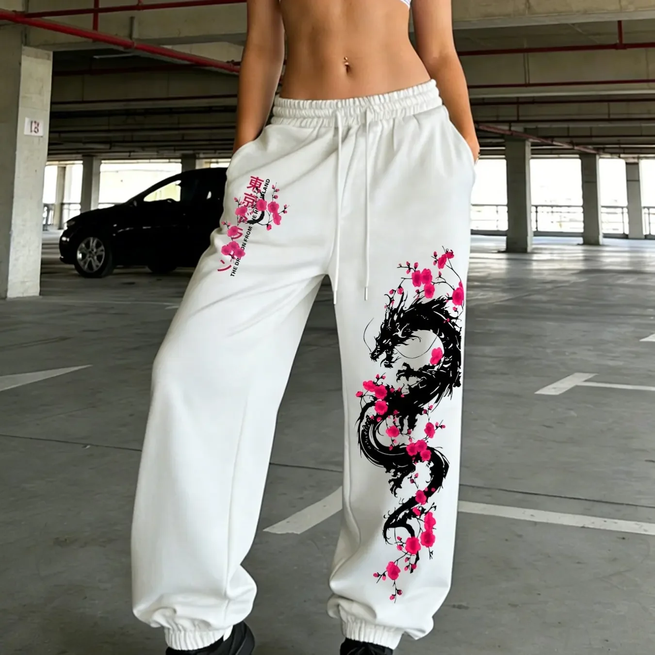 Women's Vintage Japanese Dragon Cherry Blossoms Print Jogger Sweatpants Casual Streetwear Daily Vacation Loungewear for Women