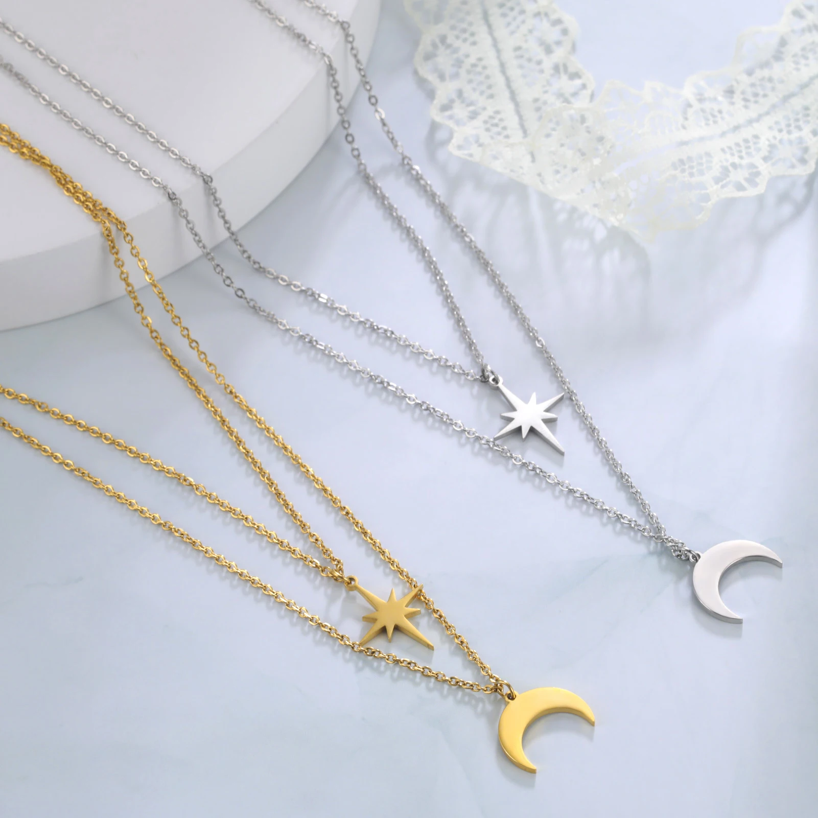 Skyrim Boho North Star Moon Pendant Necklace Stainless Steel Double Layer Clavicle Necklaces Kpop Jewelry Gift for Women Girls