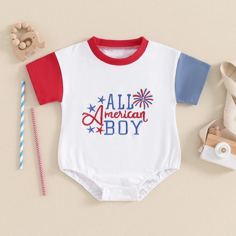 

2024-03-11 Lioraitiin 3-24M Infant Baby Boy 4th of July Jumpsuit Letter Star Embroidery Short Sleeve Round Neck Romper