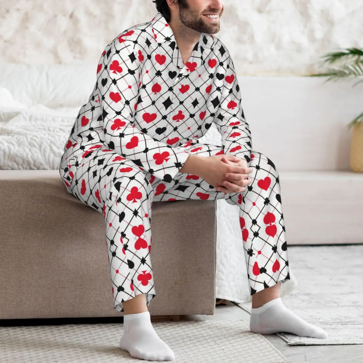 Men Pajamas Set of Autumn Winter Long-Sleeved Poker Home Clothing Sleepwear 2PCS/Set