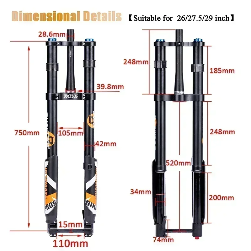 BUCKLOS Forcella pneumatica invertita a doppia corona 26/27.5/29 pollici DH MTB Forcella a sospensione pneumatica 15*110mm Boost Forcella E-bike