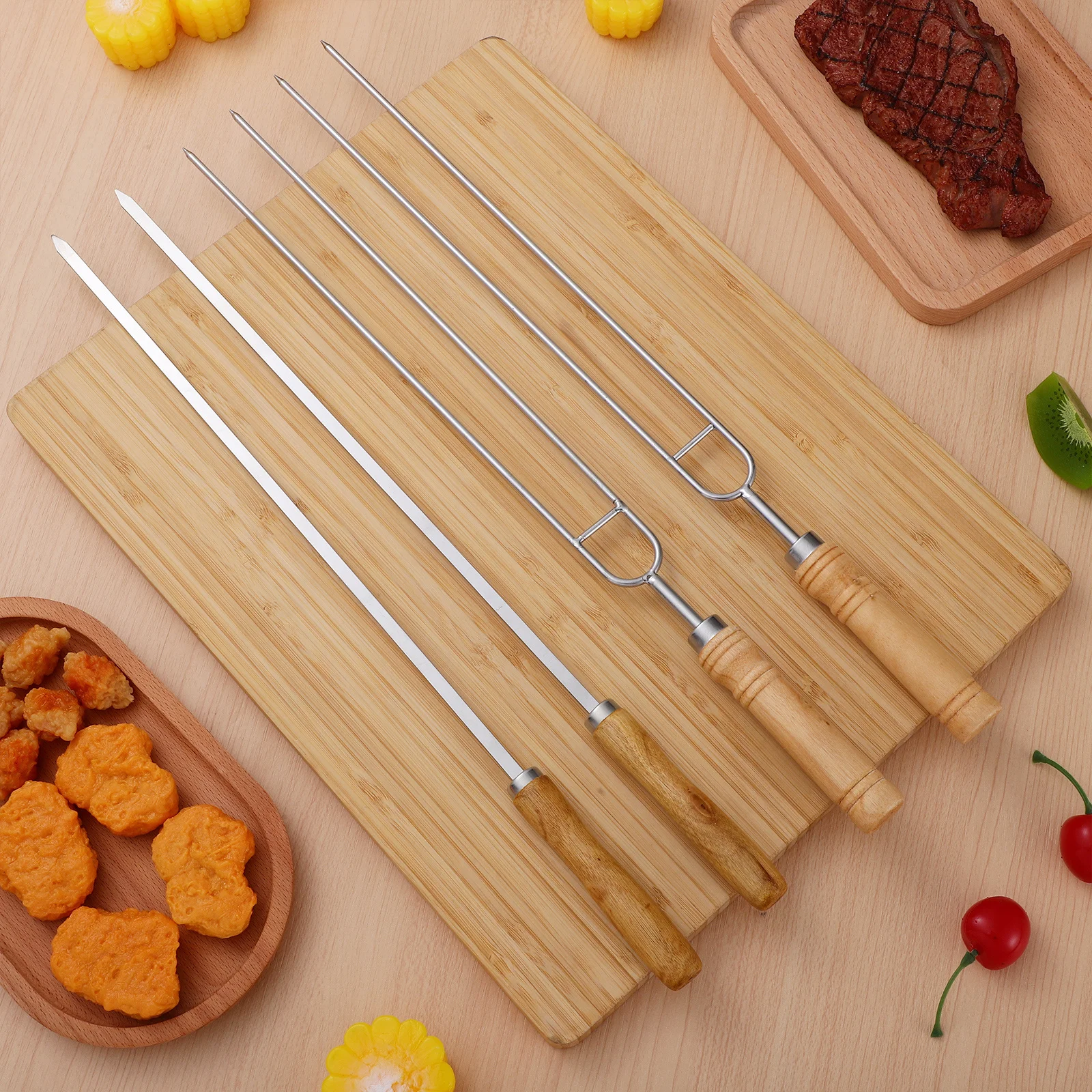 

8Pcs Stainless Steel Barbecue Skewers Wooden Handle Kabob Sticks Drawing Bag Ideal for Bbq Grilling Camping Hiking Outdoor Use