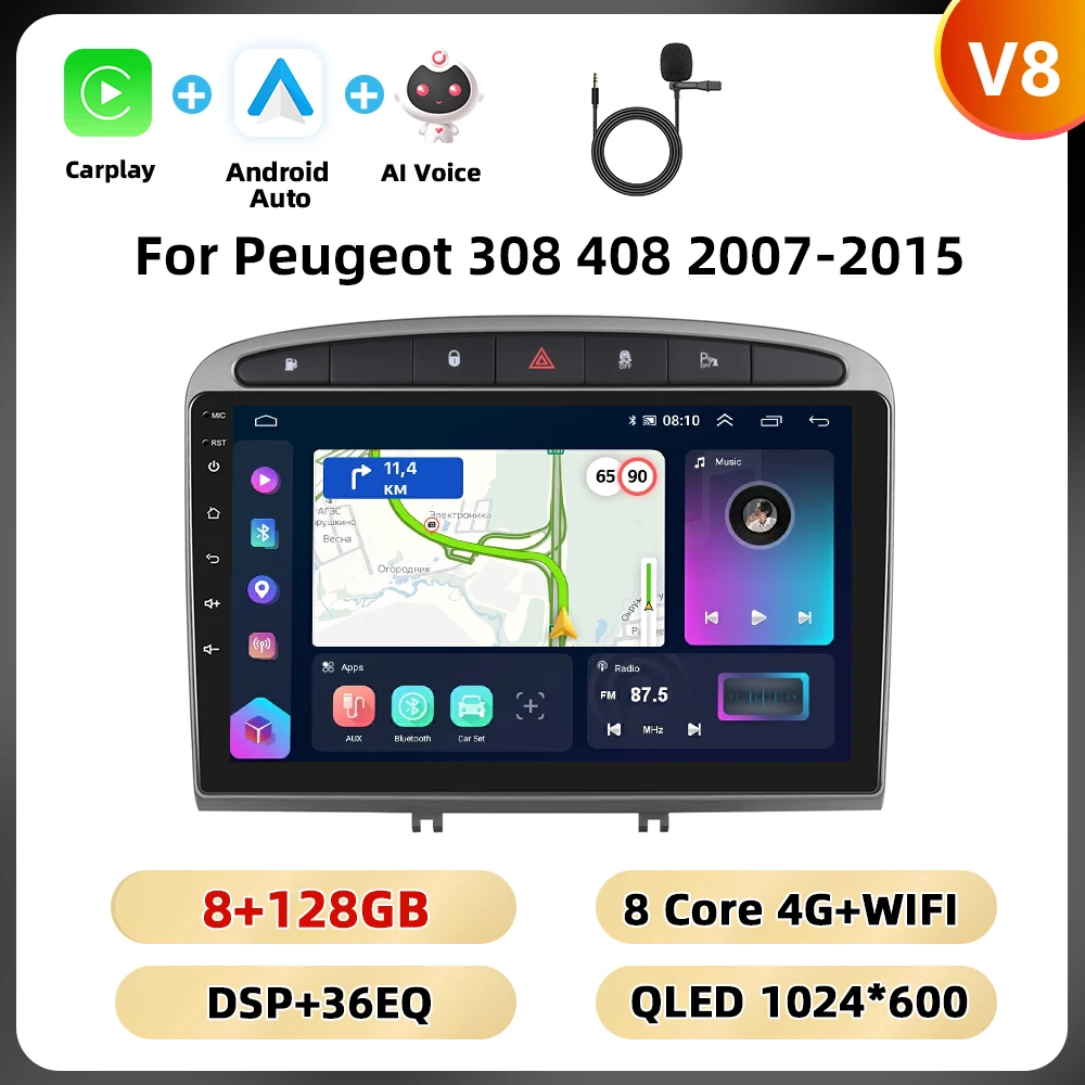 Podofo 2Din 9 ''Autoradio Voor Peugeot 308 408 2007-2015 Multimedia Speler Android Auto Carplay WIFI 4G GPS AI Voice Auto Audio