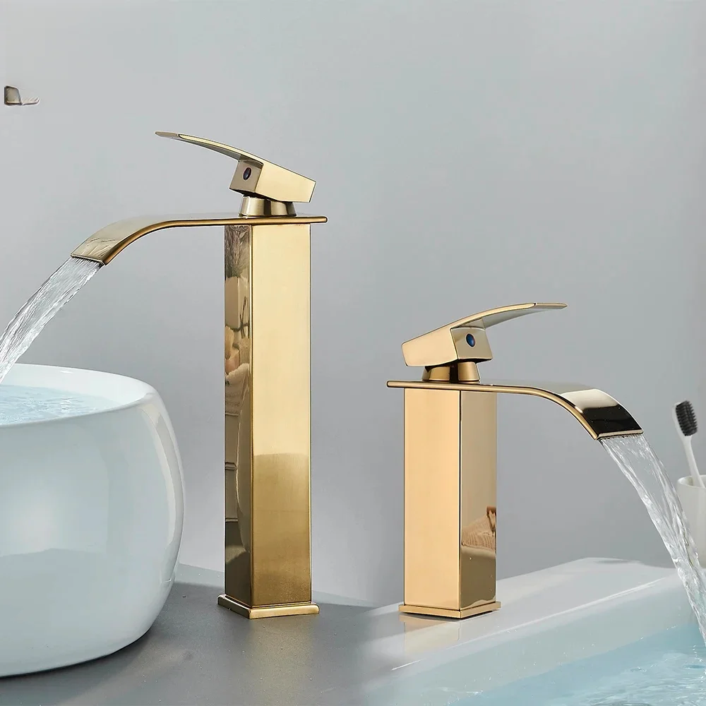 

Brushed Golden Basin Faucets Elegant Waterfall Bathroom Sink Faucet Single Lever Hole Deck Mount Brass Mixer Tapsfaucets and si