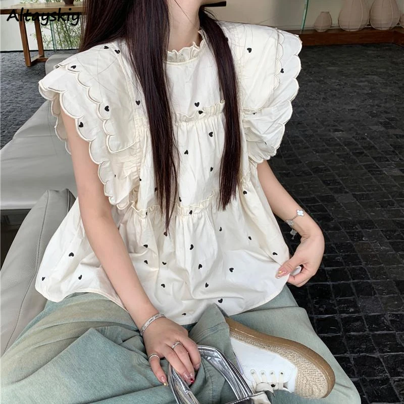 Simple Blouses Women Flying Sleeve Heart Printed Ruched Ruffles Korean Style Stylish Chic Ulzzang Loose Fit Tops Leisure Sweet