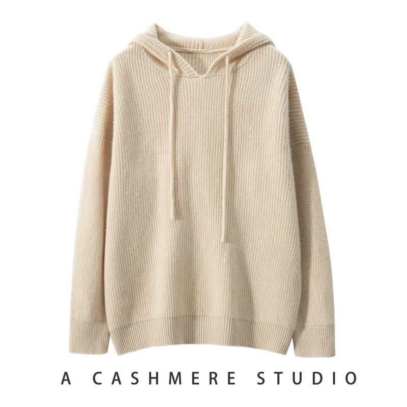 2023 Winter New 100% Pure Cashmere Sweater Women Knitted Hooded Pullovers Loose Lady\'s Grade Up Long Sleeve Thicken Warm Tops