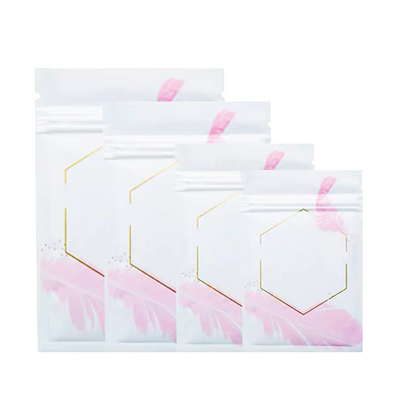 

Matte Pink Feather Mylar Flat Bags Jewelry Candy Packaging Resealable Foil Ziplock Pouch Smell Proof Baggies for Sample Powder