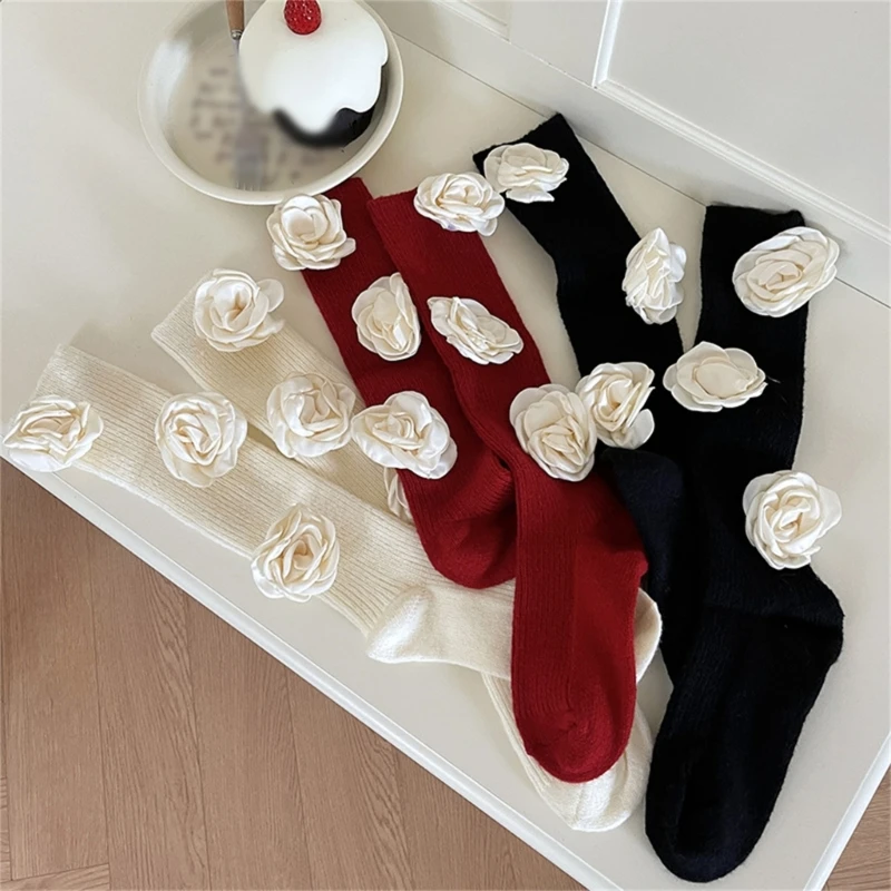 Autumn Winter Women Thick Warm Over the Calf Socks 3D Camellia Flower Ribbed Stocking for Young Lady Teenagers Girls Accessories