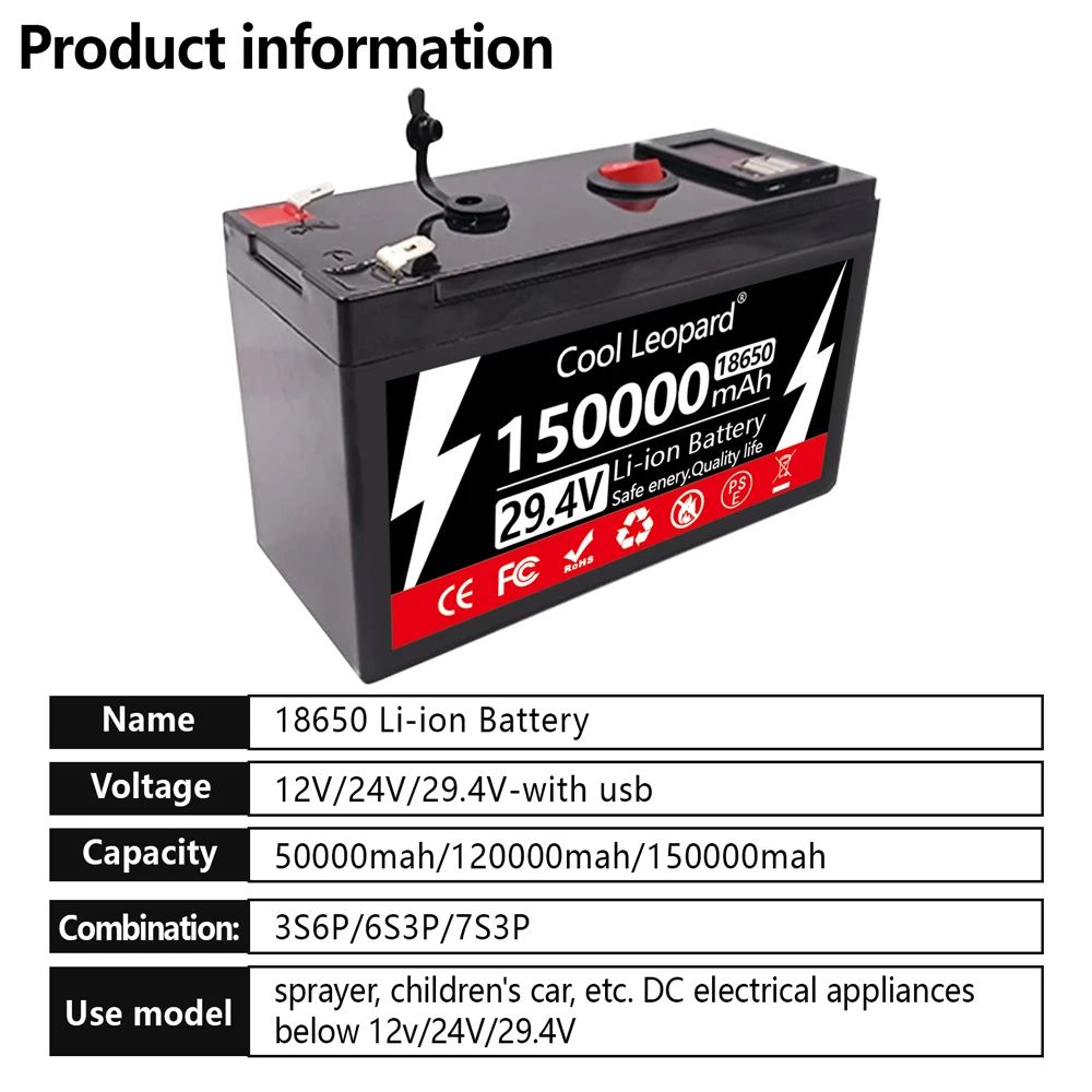 New 29.4v 150ah 18650 Lithium Battery Pack High Current Built-In BMS Built-In 5v 2.1a With USB Power Display Port + Charger