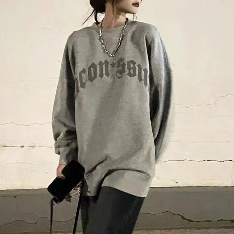 Letter Print Harajuku Oversize Streetwear Sweatshirts for Women Spring Autumn Korean Gray Long Sleeve Tunic Pullover Top Clothes