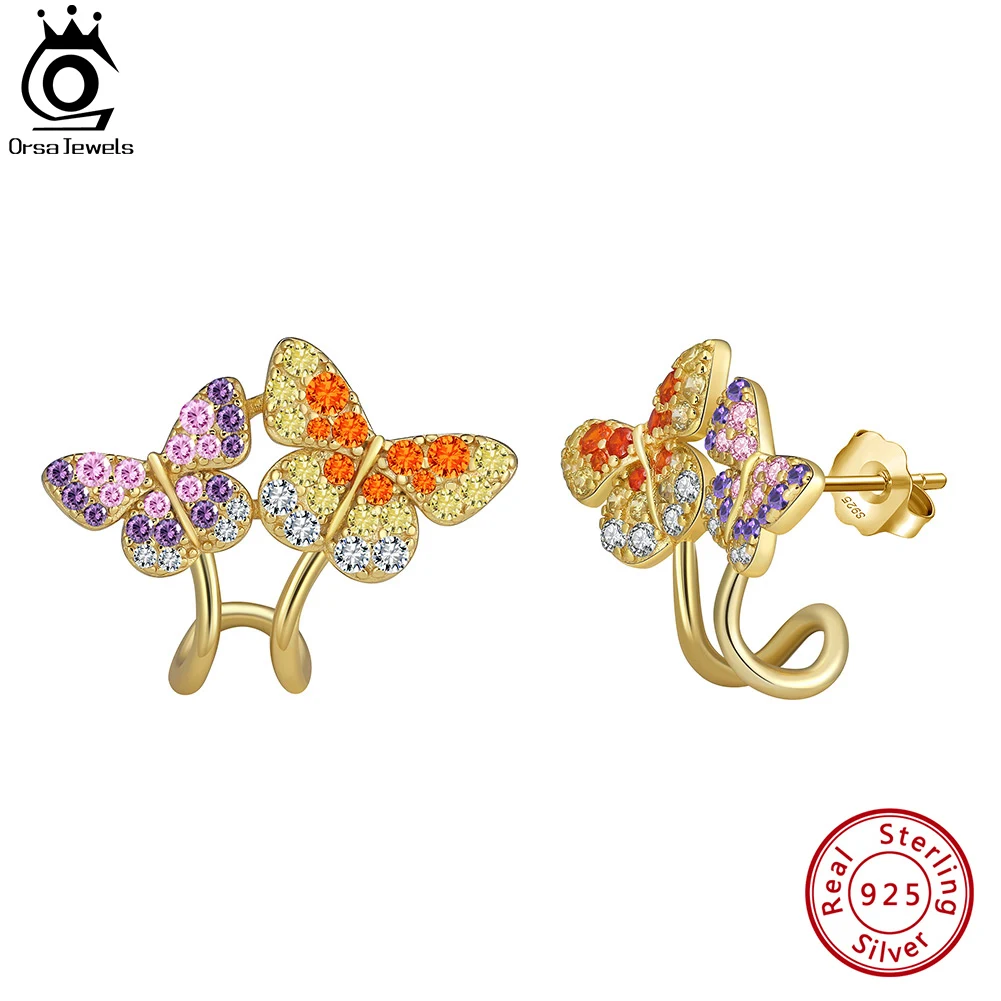 

ORSA JEWELS 925 Sterling Silver Stud Earring Luxury Double Butterfly with Colorful 4A Zircon Earrings for Women Jewelry EQE118