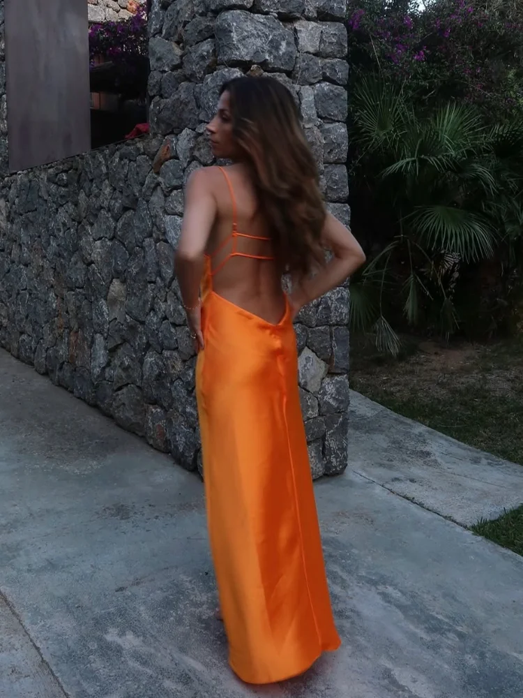 Sexy Butter Yellow Satin Party Dress Summer Women V Neck Backless Cami Straight Dresses 2025 Lady Holiday Street Vestidos New