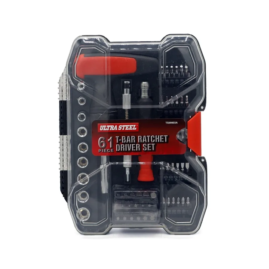 

Набор инструментов с Т-образным ручным ключом-трещоткой и быстросменным регулируемым держателем бит, 61 предмет