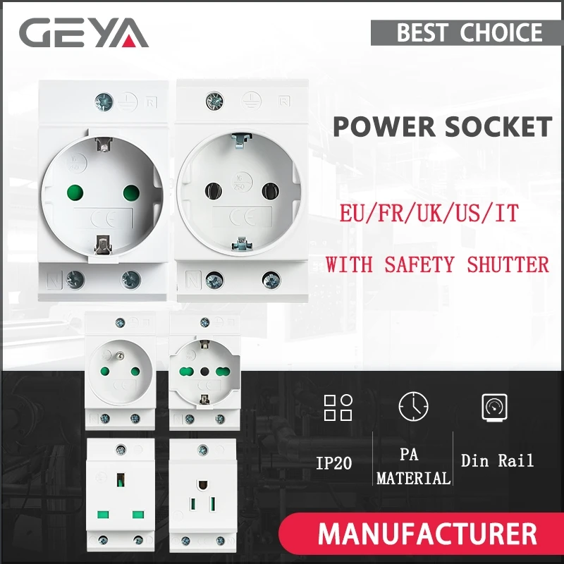 GEYA – prise de courant sur Rail Din, Type modulaire, prise de courant AC EU/FR/US/UK/IT Standard 16A 220V, connecteur AC gris, adaptateur AC30