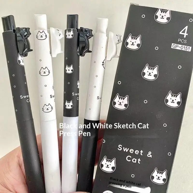 4Pcs/Box Kawaii 0.5mm Kitten Neutral Pen Super Smooth Quick Dry Gel Pen Black Ink Cartoon Ballpoint Pens Student Stationery